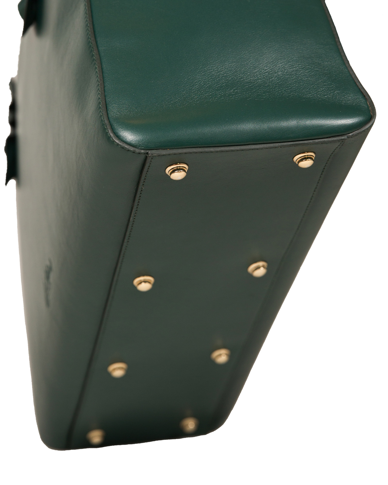 Bottom of a JJ Olivier Italian leather tote in green.