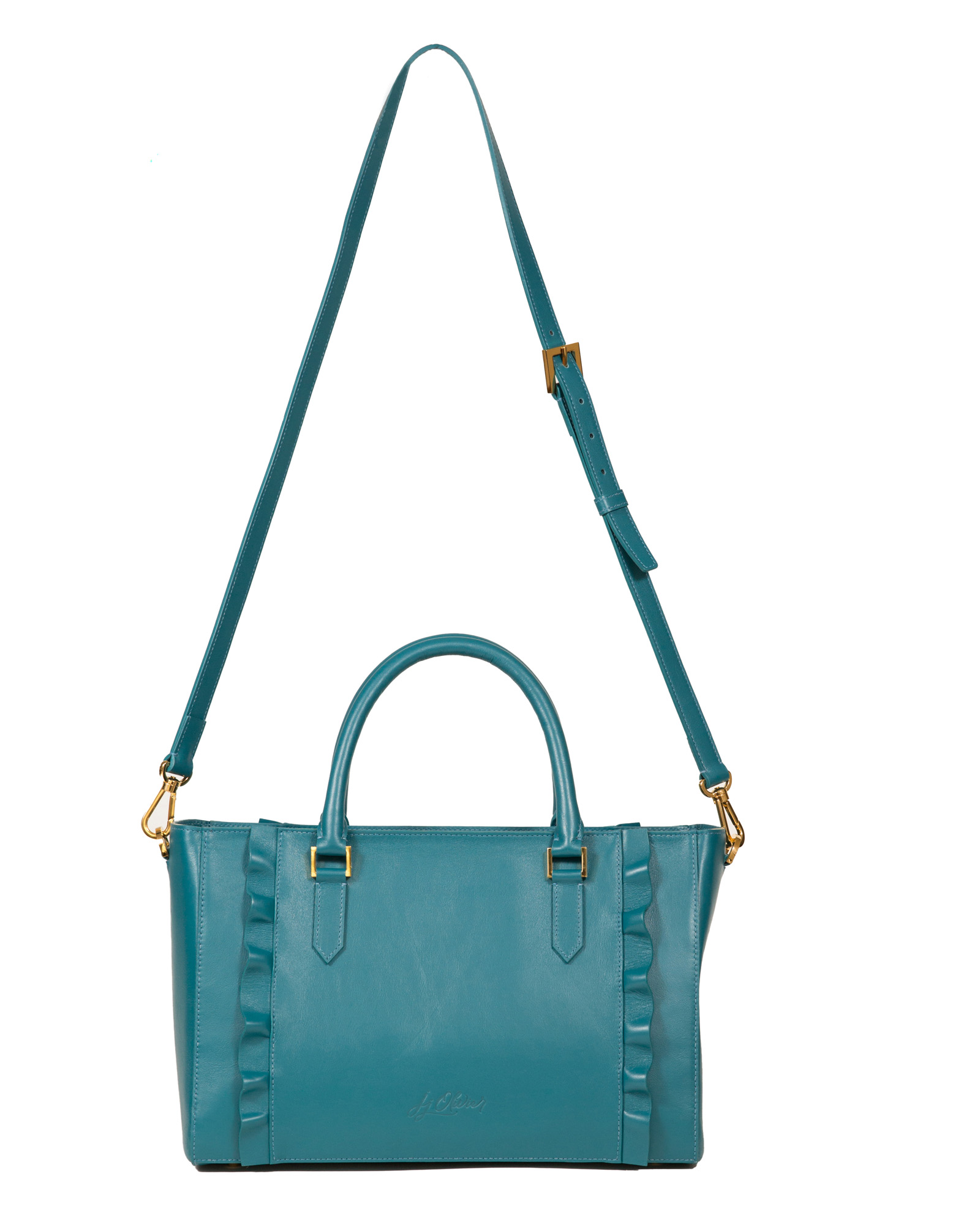 JJ Olivier satchel back view with strap up.