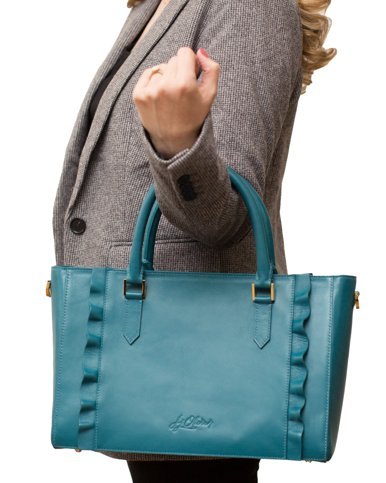JJ Olivier Italian leather satchel in teal.