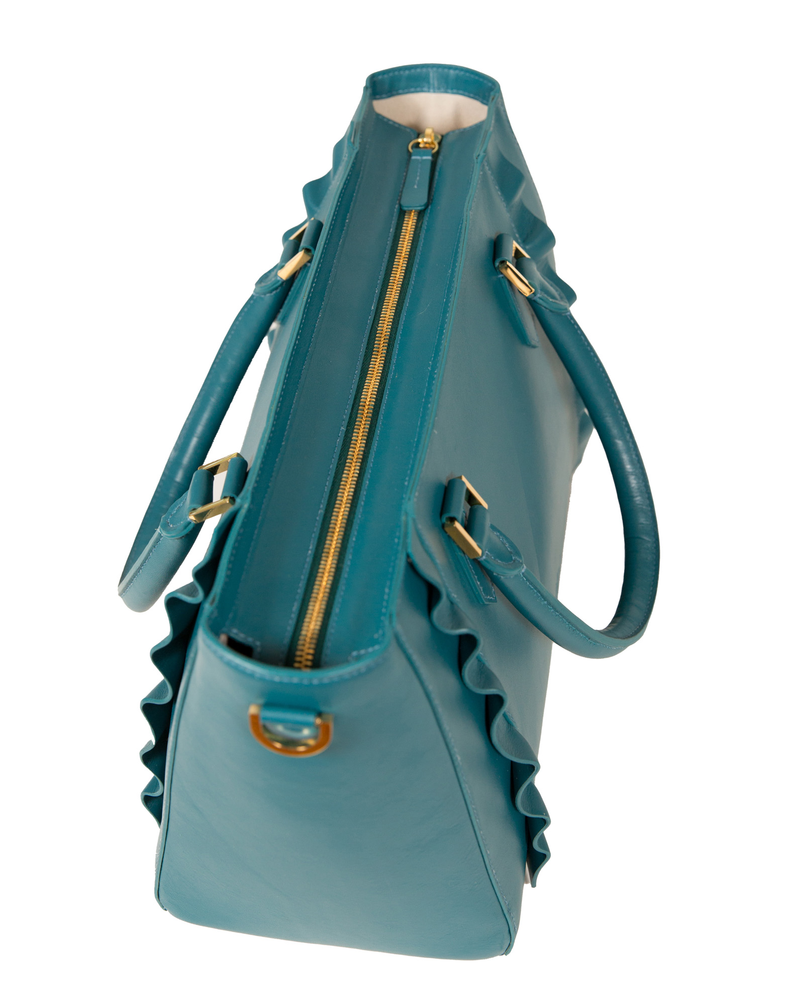 JJ Olivier satchel from from the top with zipper closed.